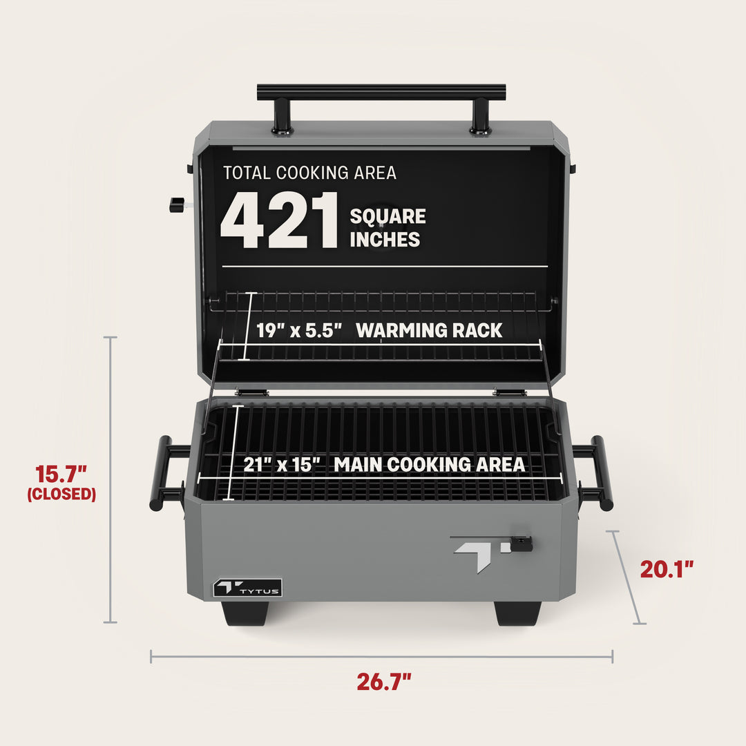 TYTUS Emberwood Charcoal Grill Dimensions: 26.7" Width, 20.1" Depth, 15.7" Height (Closed), 421 Square Inch Cooking Area, Warming Rack