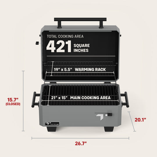 TYTUS Emberwood Charcoal Grill Dimensions: 26.7" Width, 20.1" Depth, 15.7" Height (Closed), 421 Square Inch Cooking Area, Warming Rack