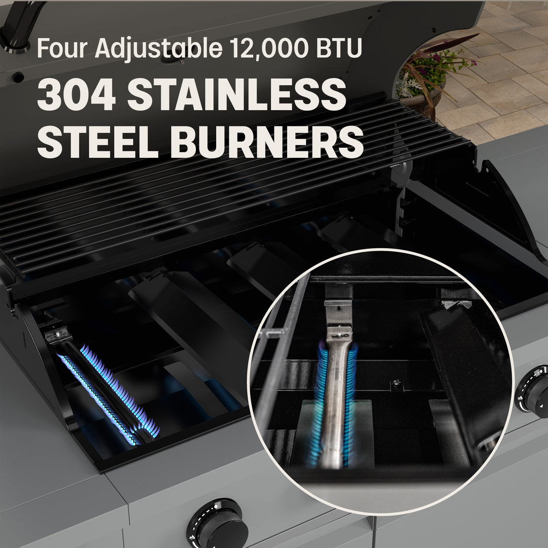 TYTUS Fresno 4-Burner Gas Grill Island with Side Burner and Ice Bucket in Gunmetal and Carbon Wood