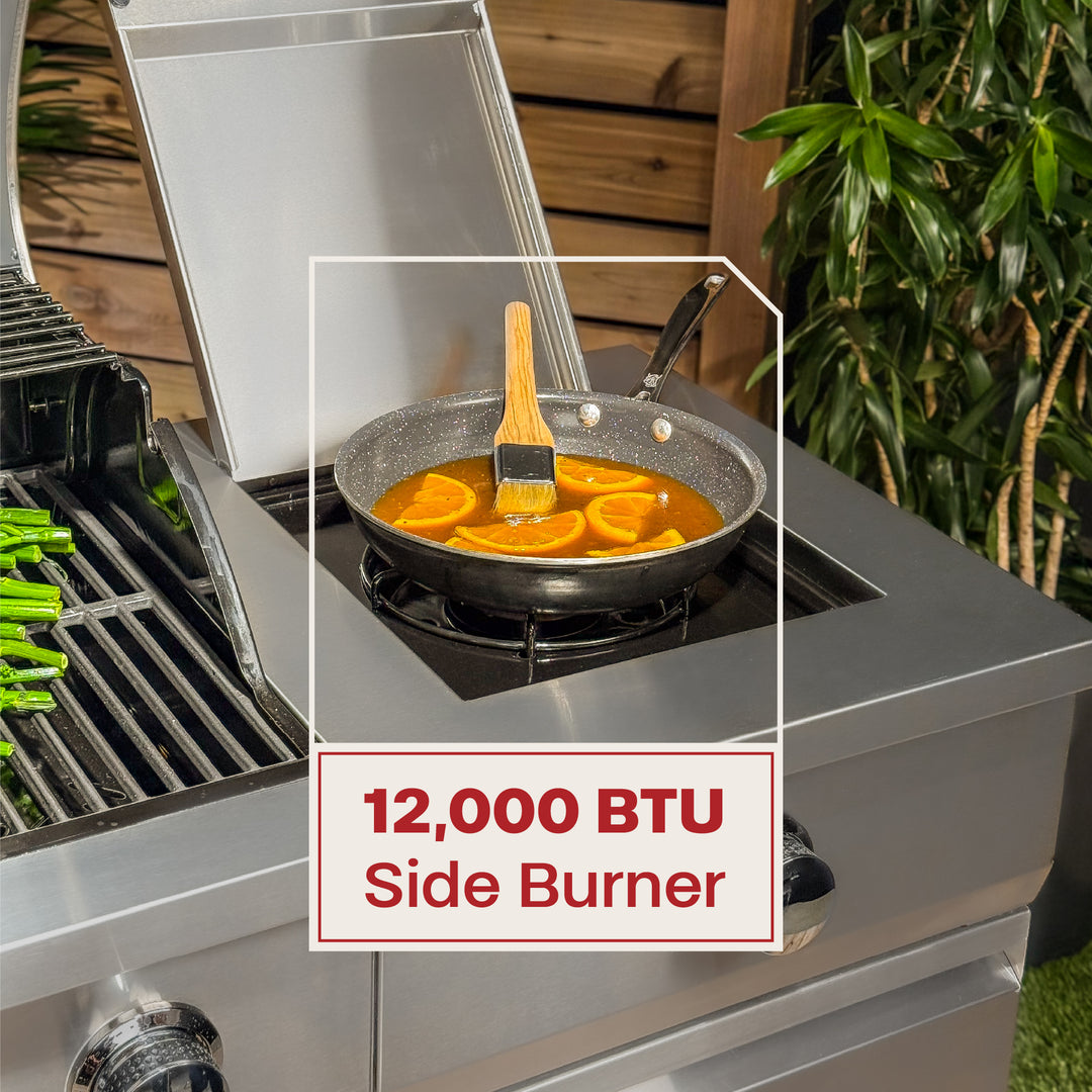 TYTUS Fresno 4-Burner Gas Grill Island with Side Burner and Ice Bucket in Stainless Steel and Carbon Wood