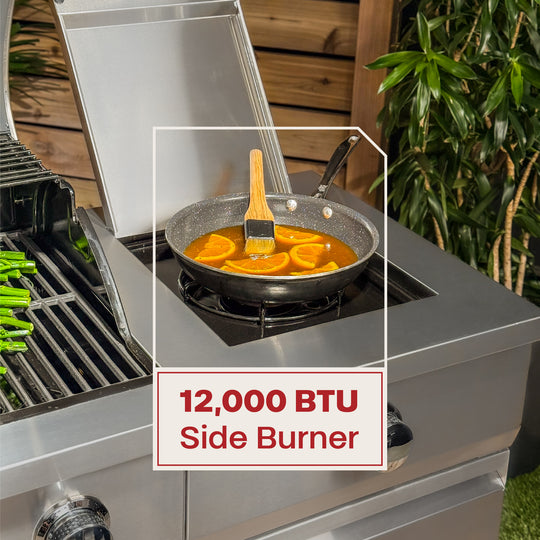 TYTUS Fresno 4-Burner Gas Grill Island with Side Burner and Ice Bucket in Stainless Steel and Carbon Wood