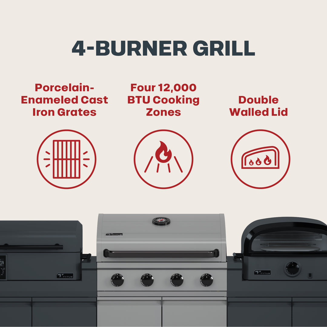 TYTUS Modular Trio with 4-Burner Gas Grill, Pellet Grill and Gas Pizza Oven