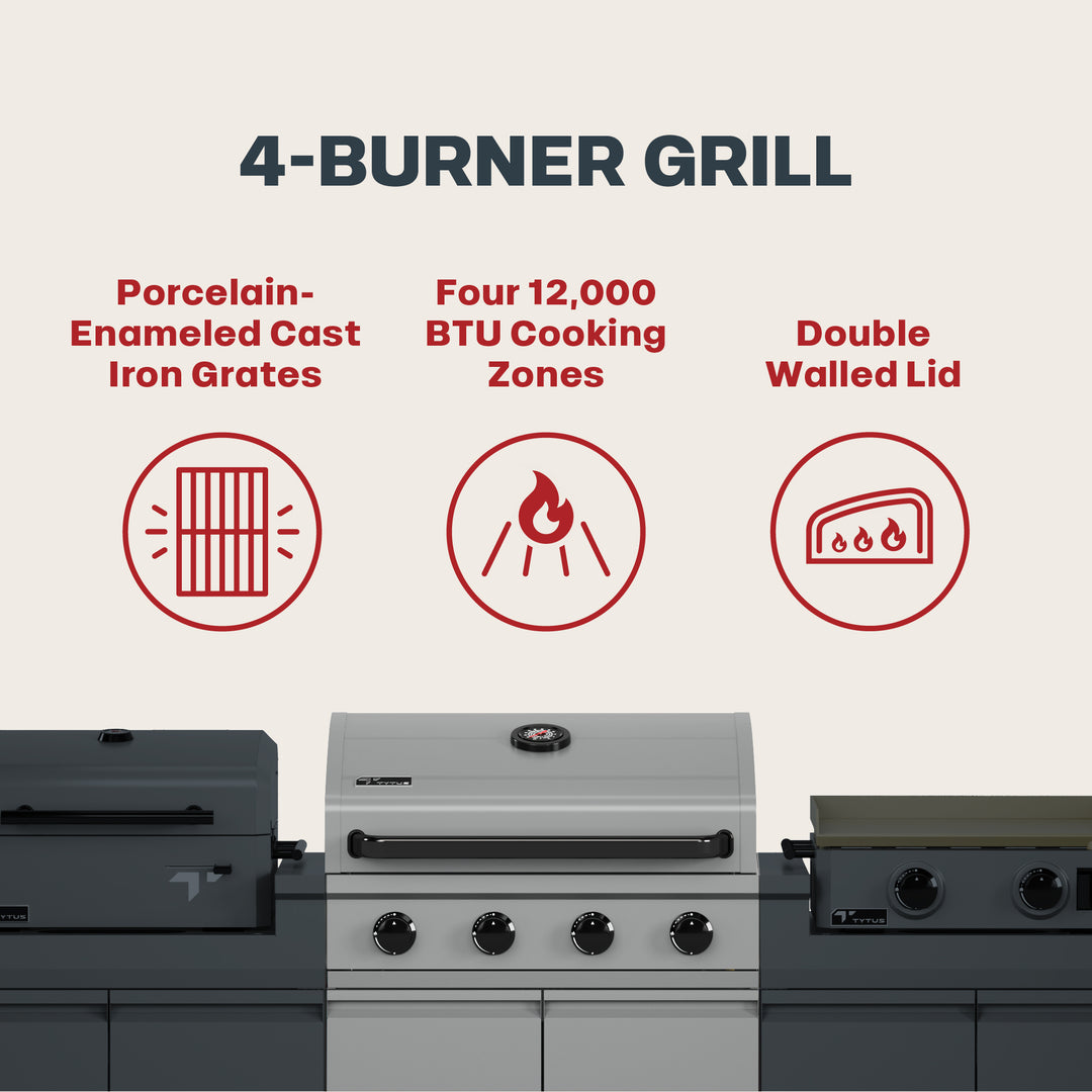 TYTUS Modular Trio with 4-Burner Gas Grill, Charcoal Grill and 2-Burner Gas Griddle