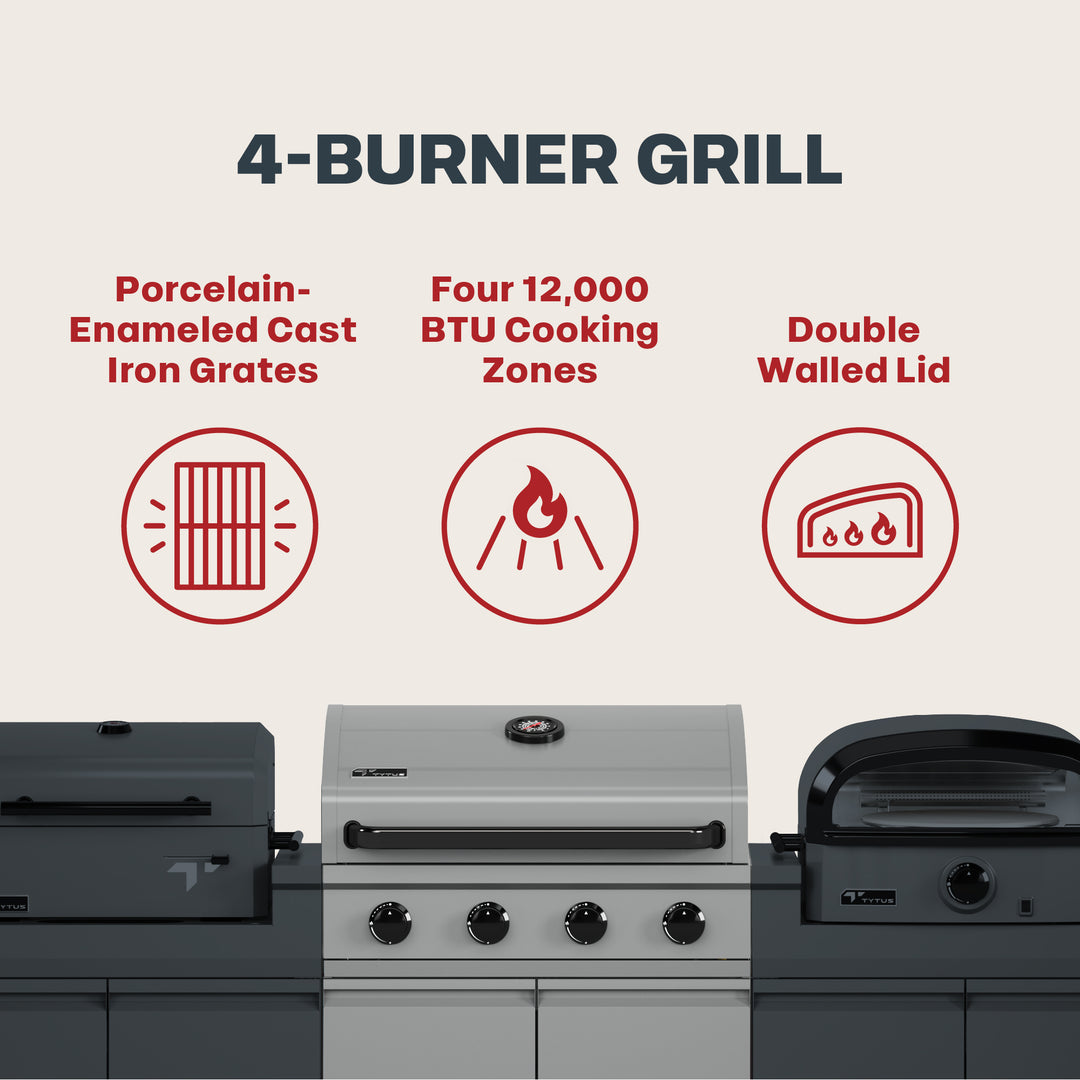 TYTUS Modular Trio with 4-Burner Gas Grill, Charcoal Grill, and Gas Pizza Oven