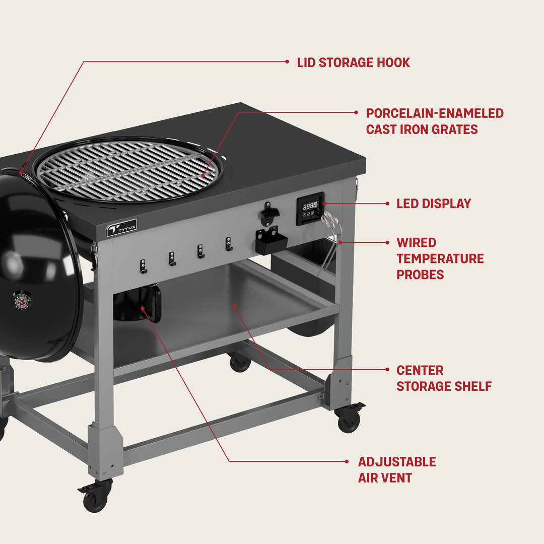 TYTUS Anaheim 21” Charcoal Kettle Grill and Cart with Storage Bag, Temperature Probes and Cover