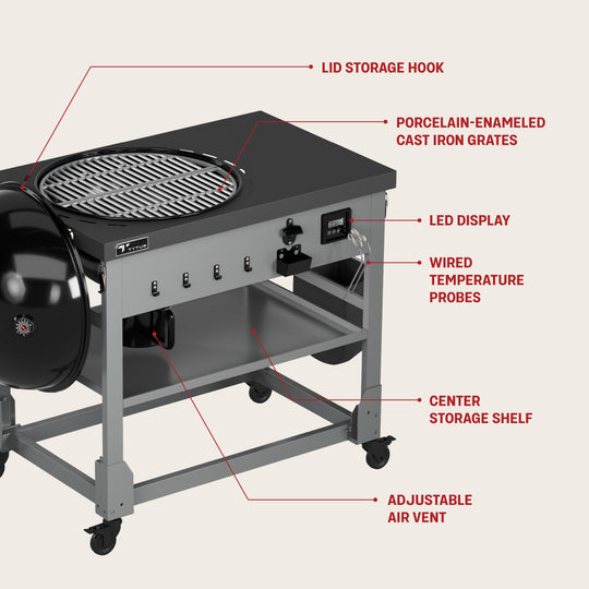TYTUS Anaheim 21” Charcoal Kettle Grill and Cart with Storage Bag, Temperature Probes and Cover