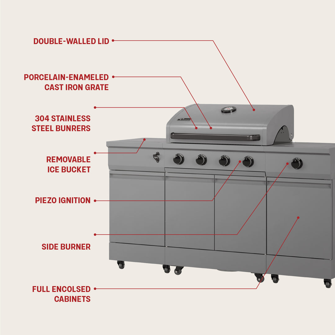 TYTUS Fresno 4-Burner Gas Grill Island with Side Burner and Ice Bucket in Gunmetal Gray