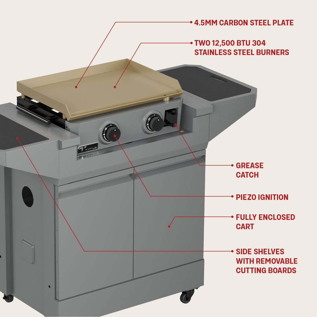 TYTUS Emberwood 2-Burner 22” Gas Tabletop Griddle with Grill and Prep Cart