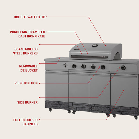 TYTUS Fresno 4-Burner Gas Grill Island with Side Burner and Ice Bucket in Gunmetal and Graphite Stone