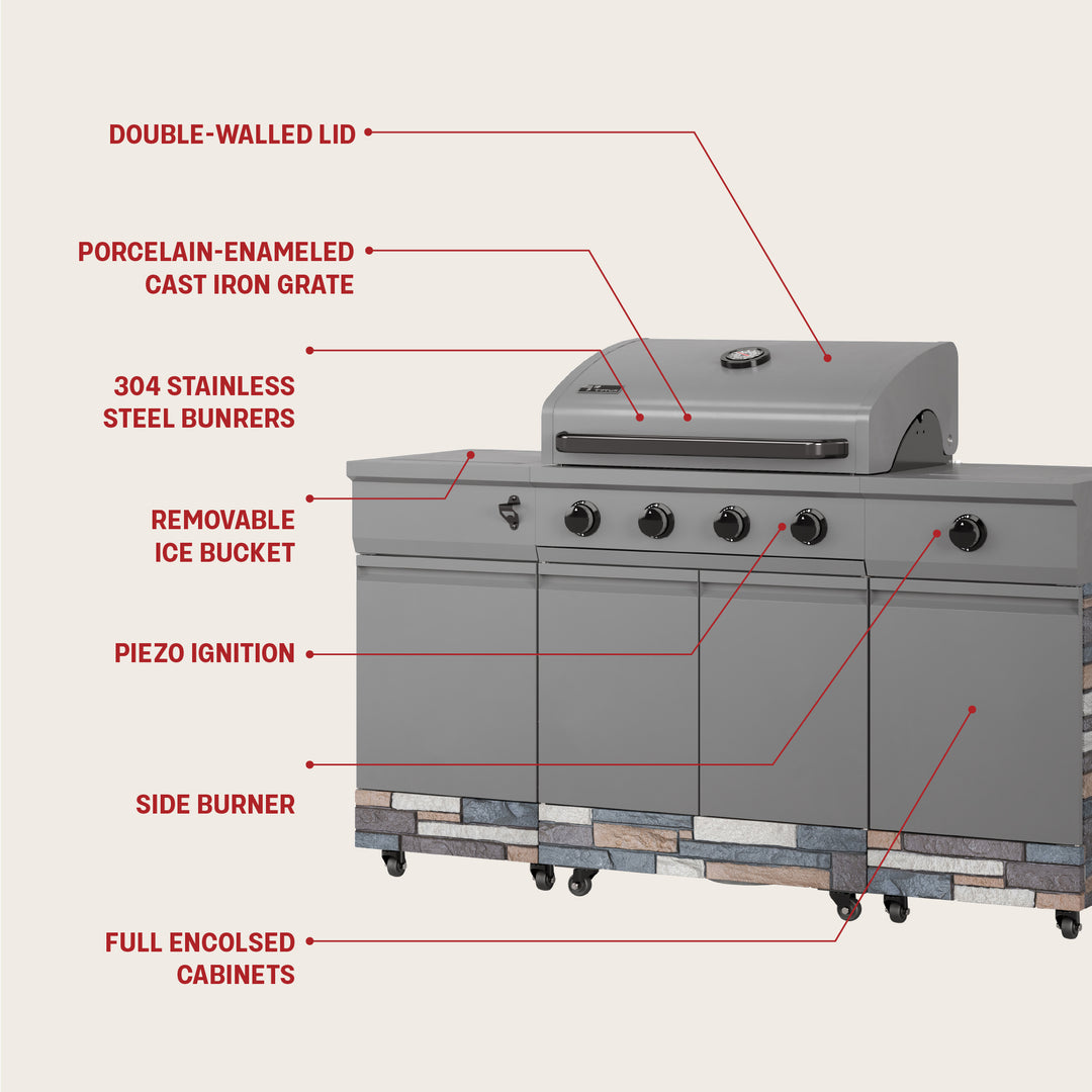 TYTUS Fresno 4-Burner Gas Grill Island with Side Burner and Ice Bucket in Gunmetal and Ash Stone