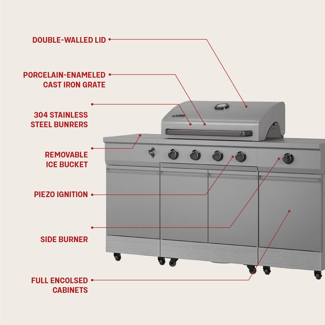 TYTUS Fresno 4-Burner Gas Grill Island with Side Burner and Ice Bucket in Gunmetal and Carbon Wood