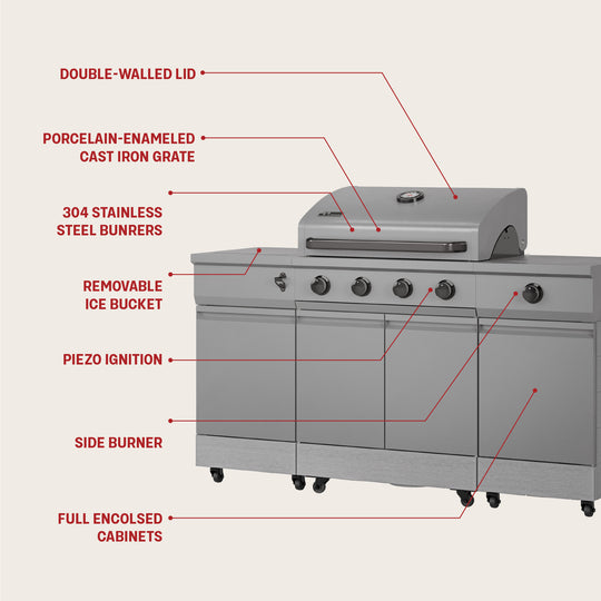TYTUS Fresno 4-Burner Gas Grill Island with Side Burner and Ice Bucket in Gunmetal and Carbon Wood