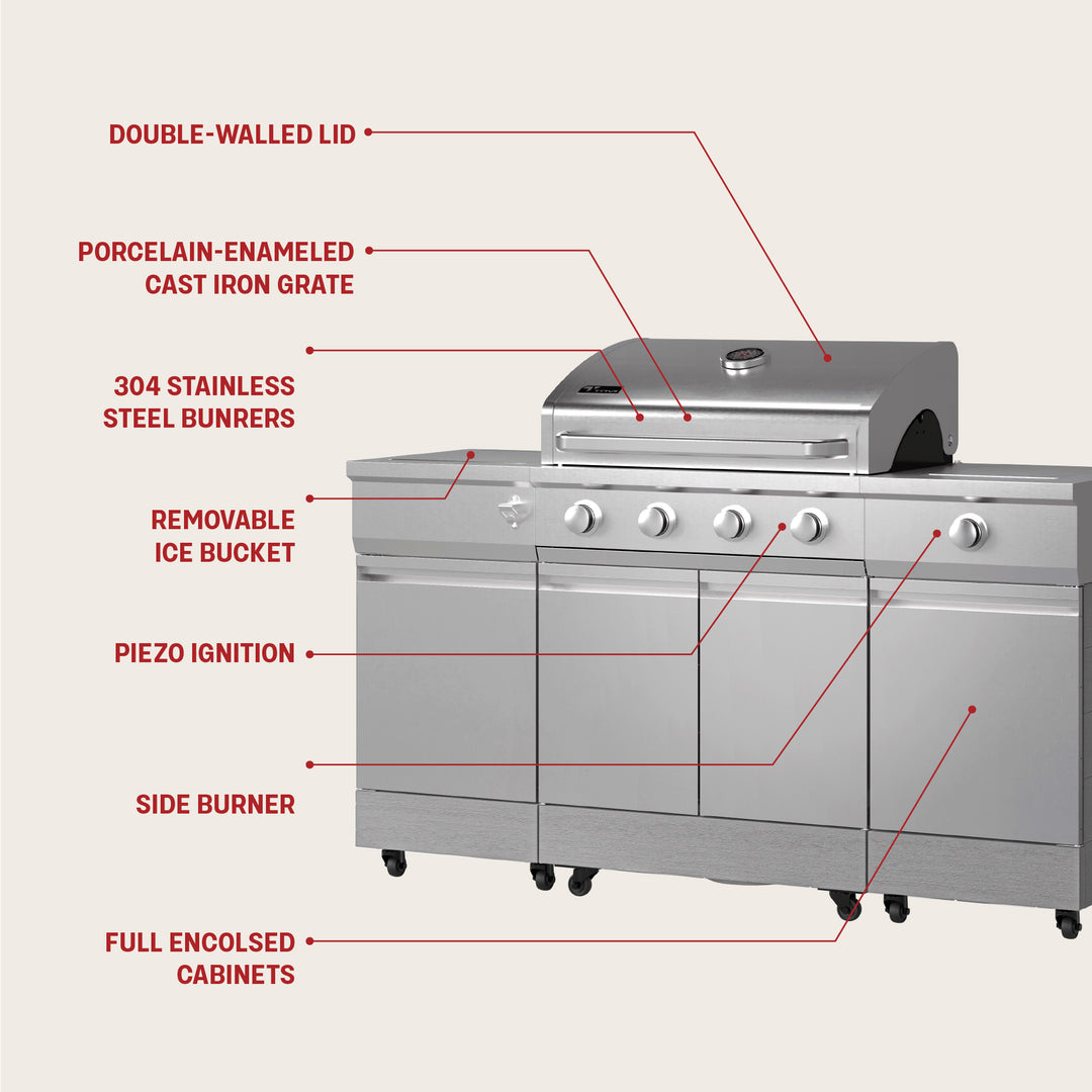 TYTUS Fresno 4-Burner Gas Grill Island with Side Burner and Ice Bucket in Stainless Steel and Carbon Wood
