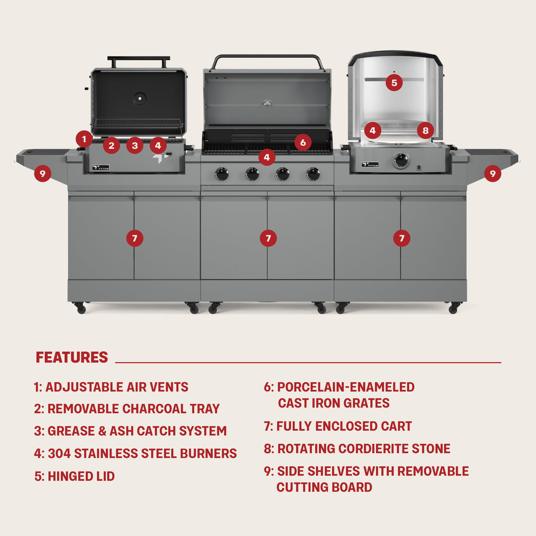 TYTUS Modular Trio with 4-Burner Gas Grill, Charcoal Grill, and Gas Pizza Oven