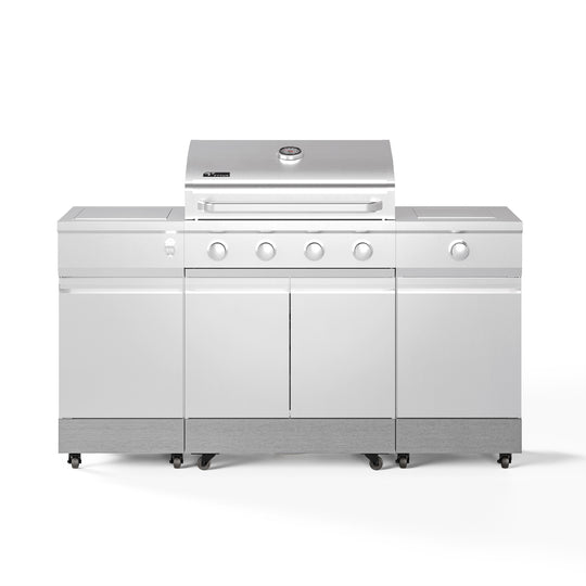 TYTUS Fresno 4-Burner Gas Grill Island with Side Burner and Ice Bucket in Stainless Steel and Carbon Wood