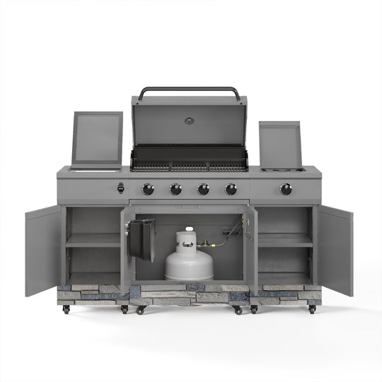 TYTUS Fresno 4-Burner Gas Grill Island with Side Burner and Ice Bucket in Gunmetal and Shadow Stone