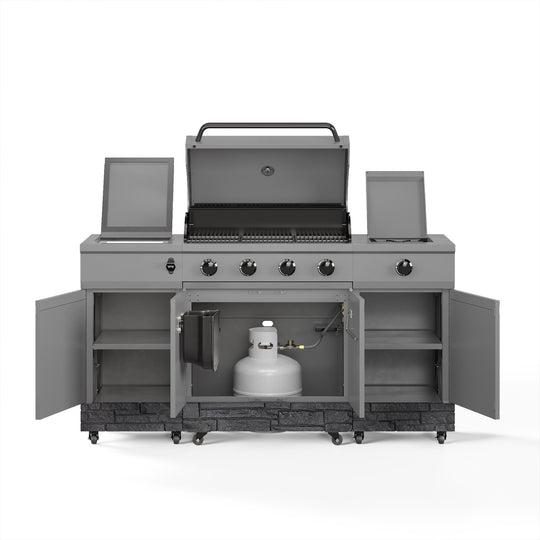 TYTUS Fresno 4-Burner Gas Grill Island with Side Burner and Ice Bucket in Gunmetal and Graphite Stone