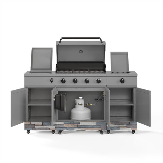 TYTUS Fresno 4-Burner Gas Grill Island with Side Burner and Ice Bucket in Gunmetal and Ash Stone