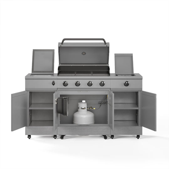 TYTUS Fresno 4-Burner Gas Grill Island with Side Burner and Ice Bucket in Gunmetal and Carbon Wood