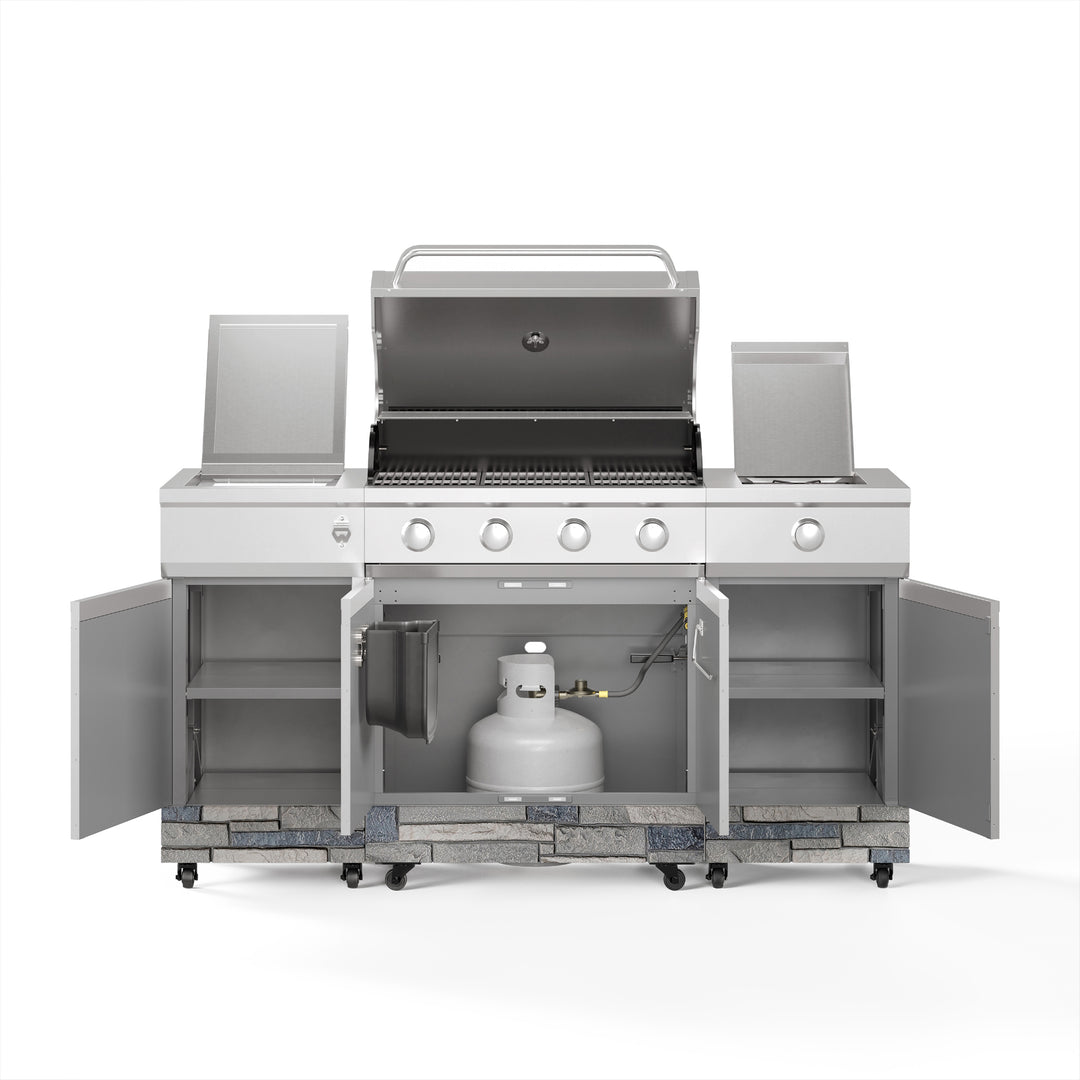 TYTUS Fresno 4-Burner Gas Grill Island with Side Burner and Ice Bucket in Stainless Steel and Shadow Stone