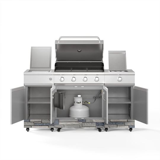 TYTUS Fresno 4-Burner Gas Grill Island with Side Burner and Ice Bucket in Stainless Steel and Shadow Stone