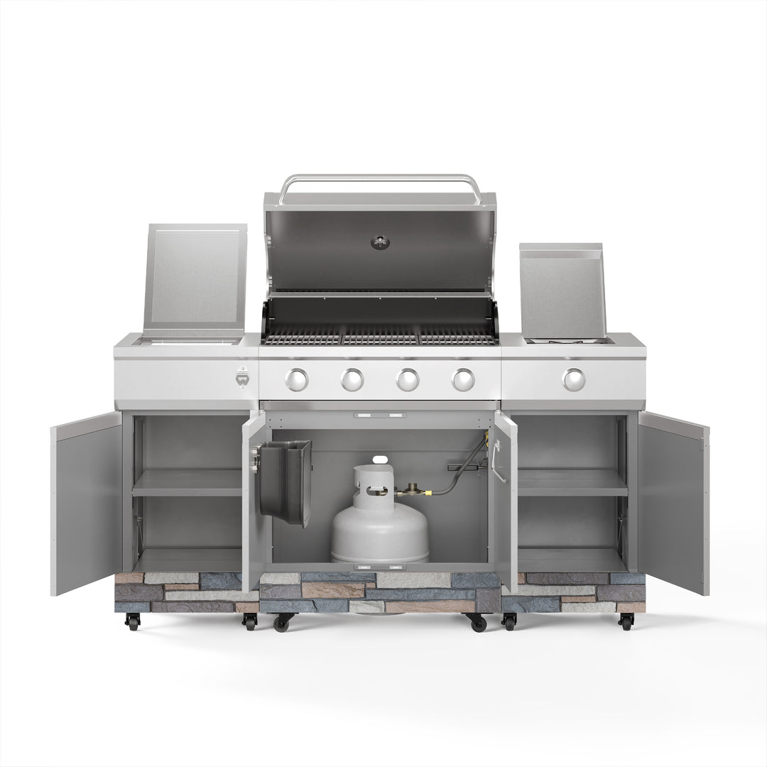 TYTUS Fresno 4-Burner Gas Grill Island with Side Burner and Ice Bucket in Stainless Steel and Ash Stone
