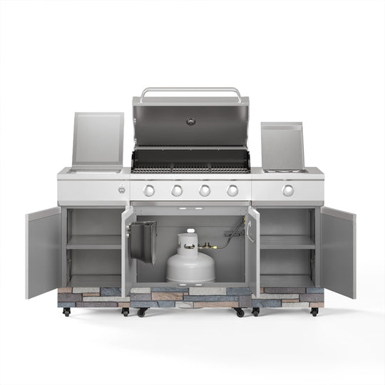 TYTUS Fresno 4-Burner Gas Grill Island with Side Burner and Ice Bucket in Stainless Steel and Ash Stone