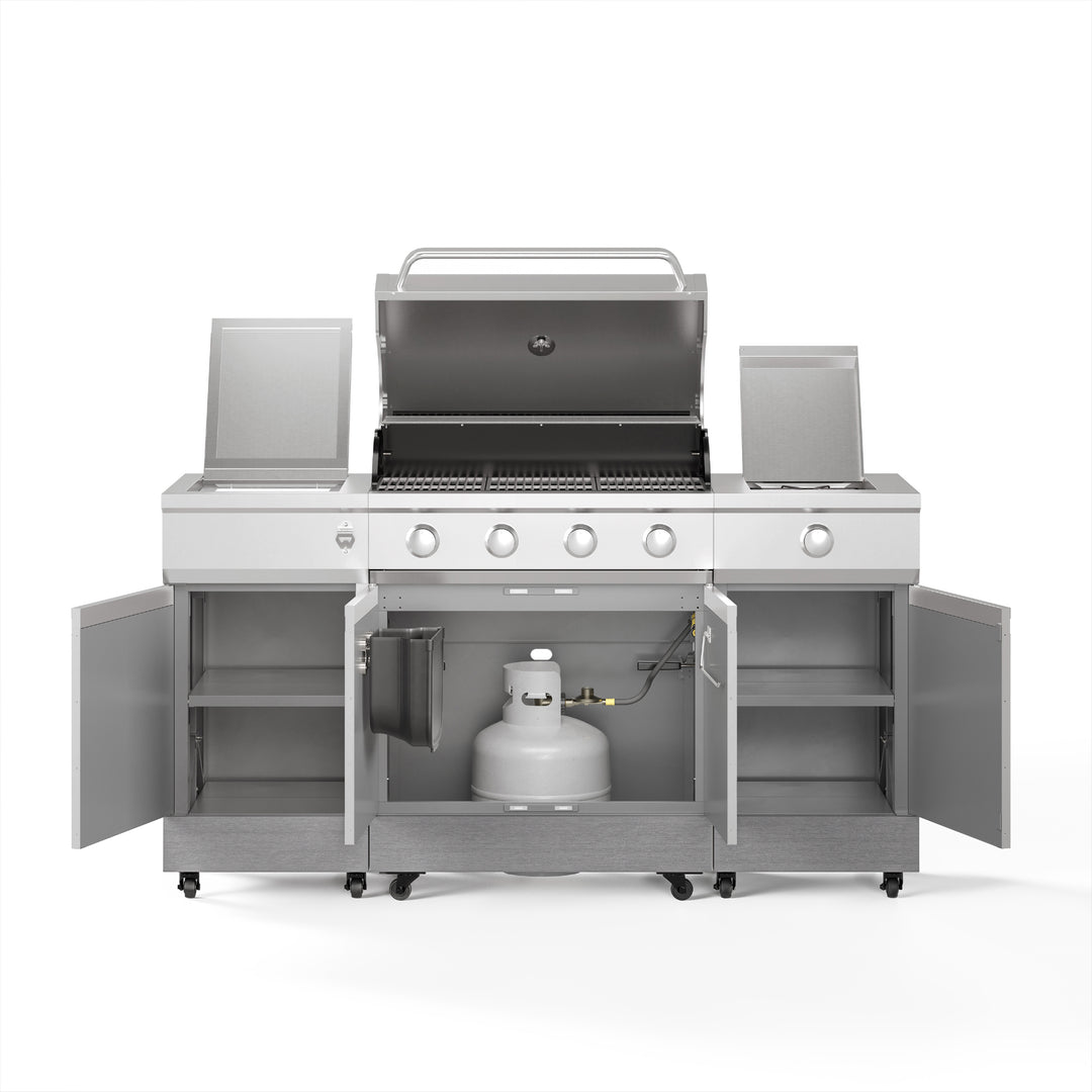 TYTUS Fresno 4-Burner Gas Grill Island with Side Burner and Ice Bucket in Stainless Steel and Carbon Wood