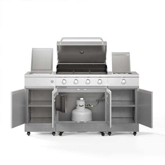 TYTUS Fresno 4-Burner Gas Grill Island with Side Burner and Ice Bucket in Stainless Steel and Carbon Wood