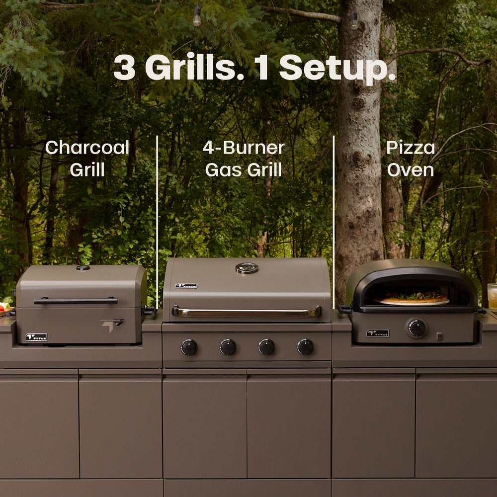 TYTUS Modular Trio with 4-Burner Gas Grill, Charcoal Grill, and Gas Pizza Oven