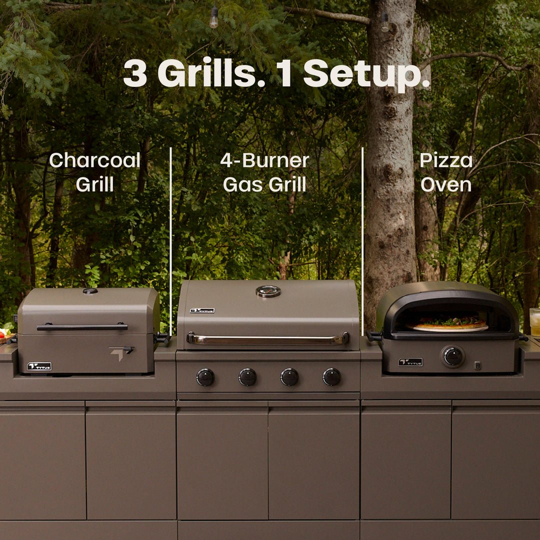 TYTUS Modular Trio with 4-Burner Gas Grill, Charcoal Grill, and Gas Pizza Oven
