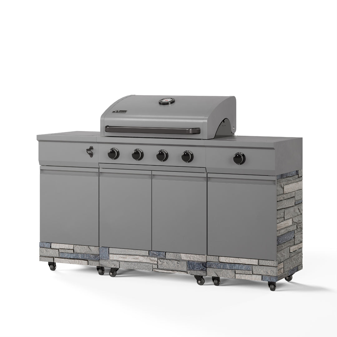 TYTUS Fresno 4-Burner Gas Grill Island with Side Burner and Ice Bucket in Gunmetal and Shadow Stone
