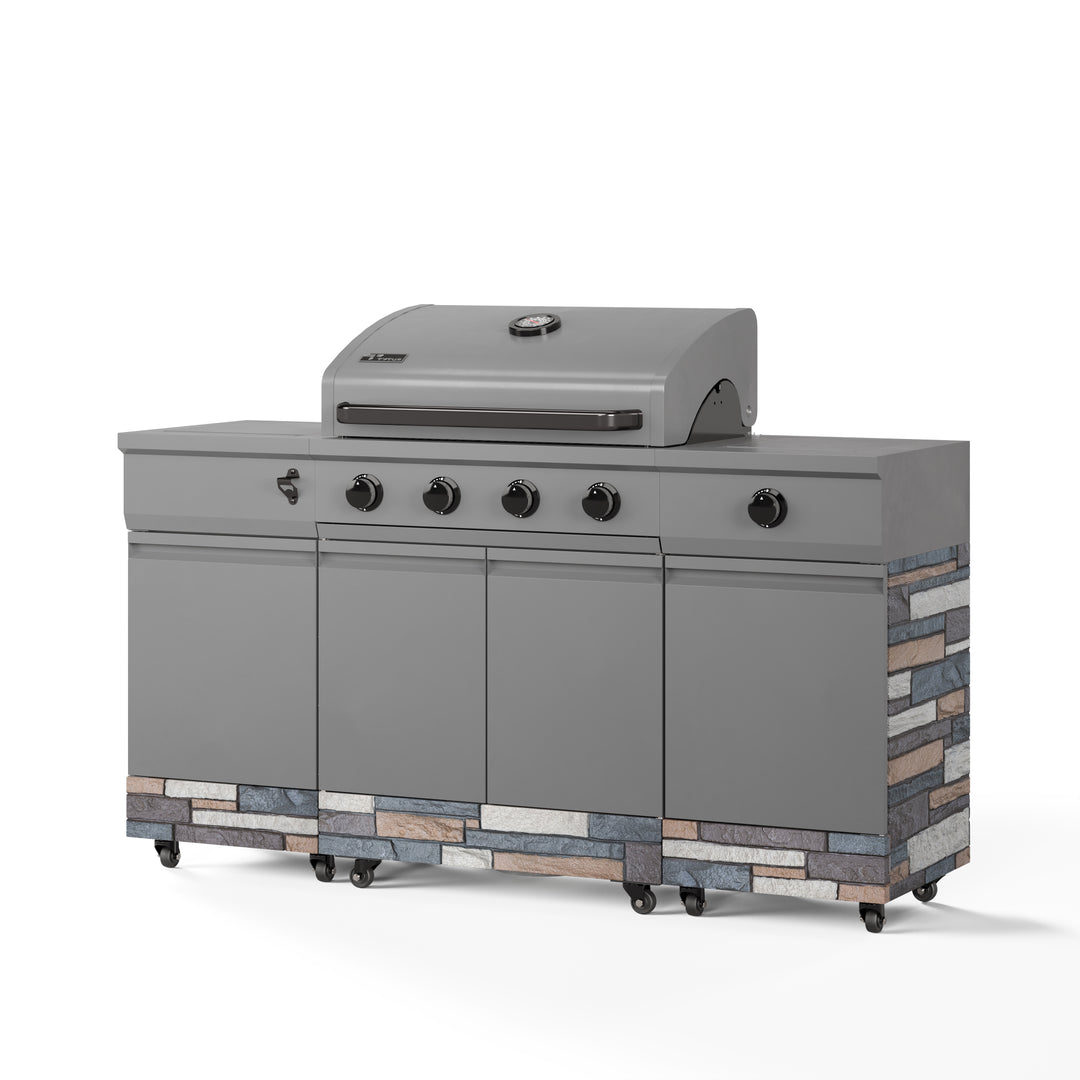 TYTUS Fresno 4-Burner Gas Grill Island with Side Burner and Ice Bucket in Gunmetal and Ash Stone
