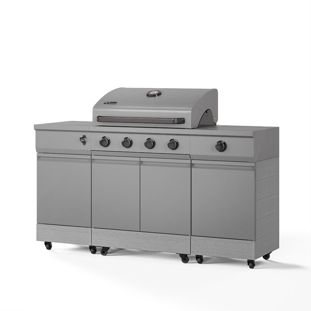 TYTUS Fresno 4-Burner Gas Grill Island with Side Burner and Ice Bucket in Gunmetal and Carbon Wood