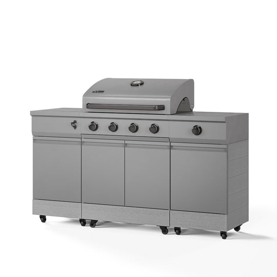 TYTUS Fresno 4-Burner Gas Grill Island with Side Burner and Ice Bucket in Gunmetal and Carbon Wood