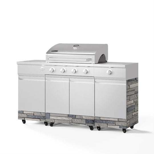 TYTUS Fresno 4-Burner Gas Grill Island with Side Burner and Ice Bucket in Stainless Steel and Shadow Stone