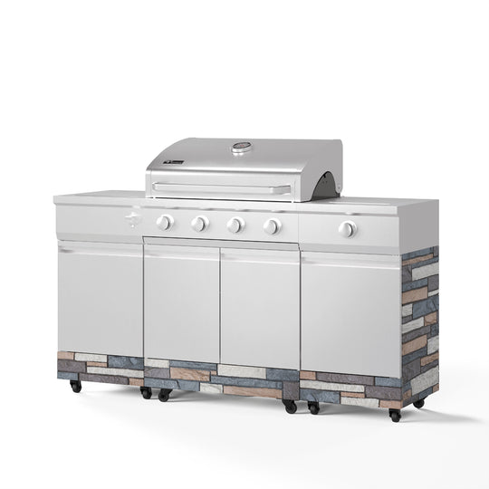 TYTUS Fresno 4-Burner Gas Grill Island with Side Burner and Ice Bucket in Stainless Steel and Ash Stone