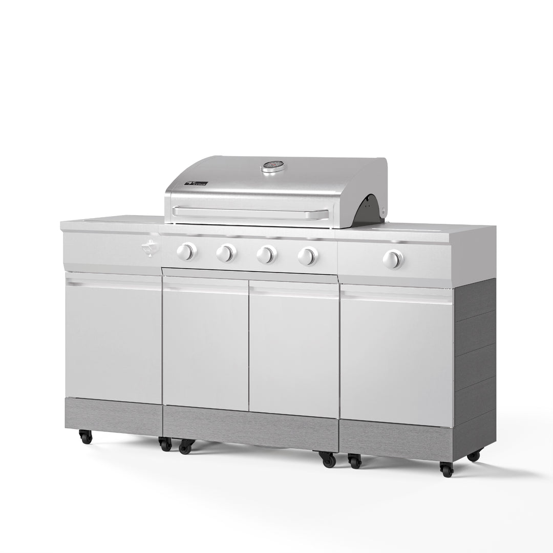 TYTUS Fresno 4-Burner Gas Grill Island with Side Burner and Ice Bucket in Stainless Steel and Carbon Wood