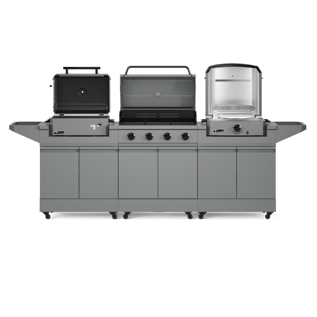 TYTUS Modular Trio with 4-Burner Gas Grill, Charcoal Grill, and Gas Pizza Oven