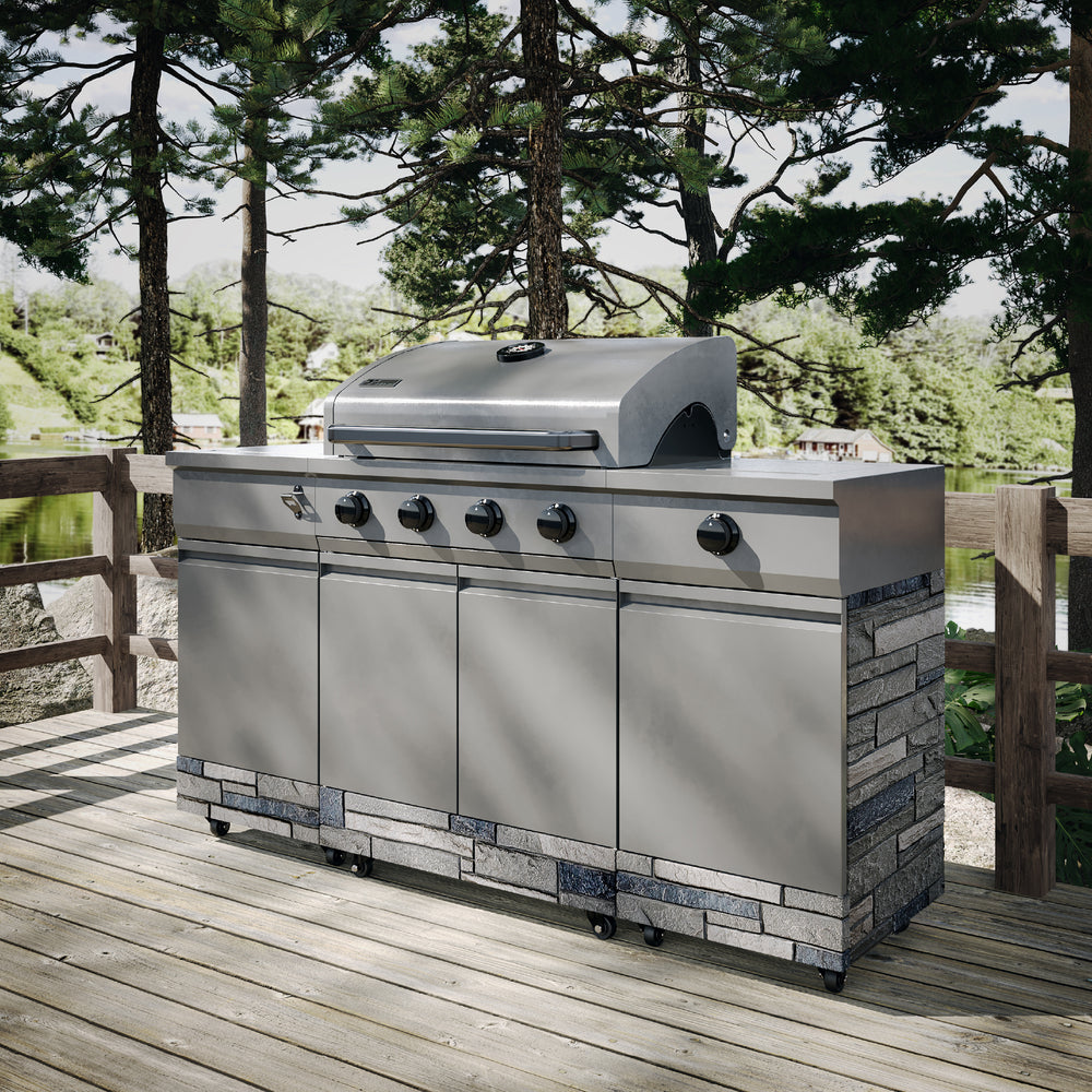 TYTUS Fresno 4-Burner Gas Grill Island with Side Burner and Ice Bucket in Gunmetal and Shadow Stone