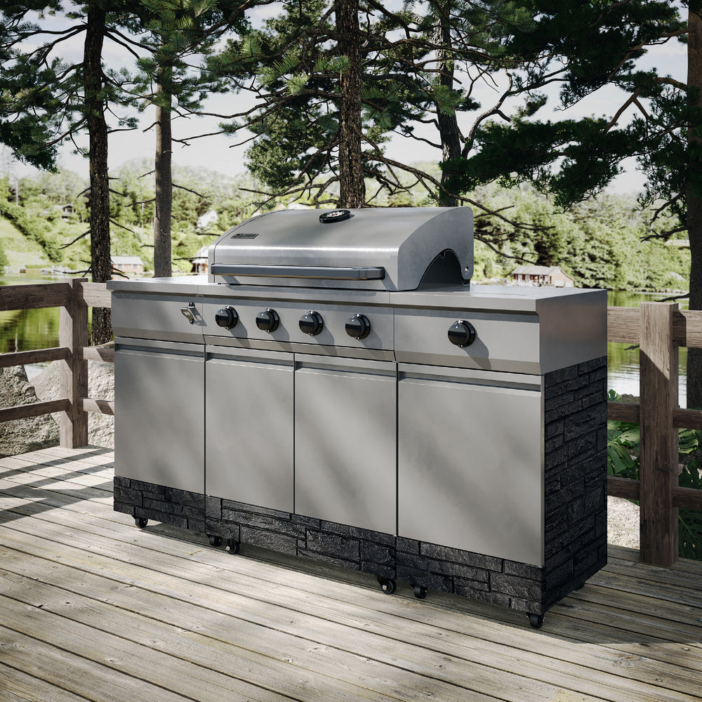 TYTUS Fresno 4-Burner Gas Grill Island with Side Burner and Ice Bucket in Gunmetal and Graphite Stone