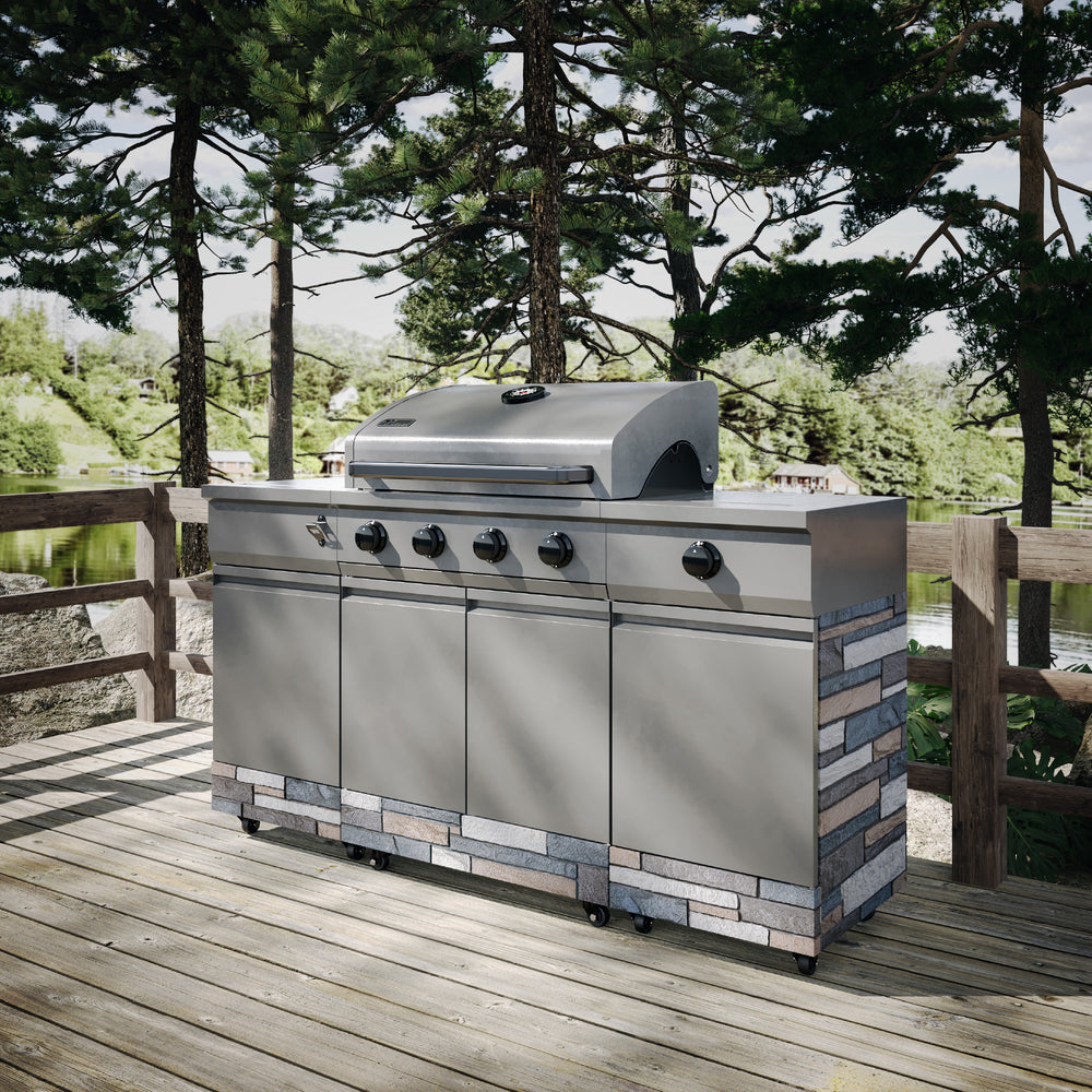 TYTUS Fresno 4-Burner Gas Grill Island with Side Burner and Ice Bucket in Gunmetal and Ash Stone