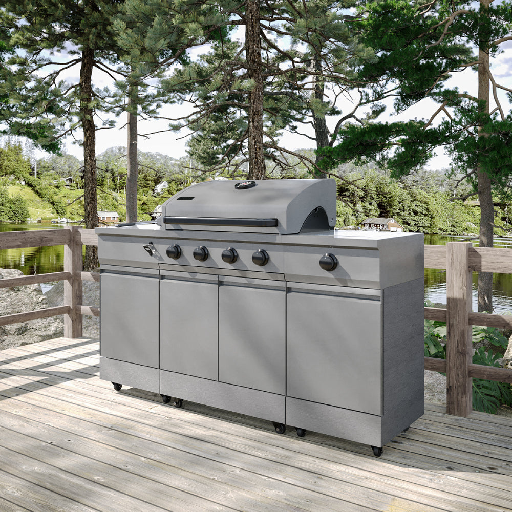 TYTUS Fresno 4-Burner Gas Grill Island with Side Burner and Ice Bucket in Gunmetal and Carbon Wood