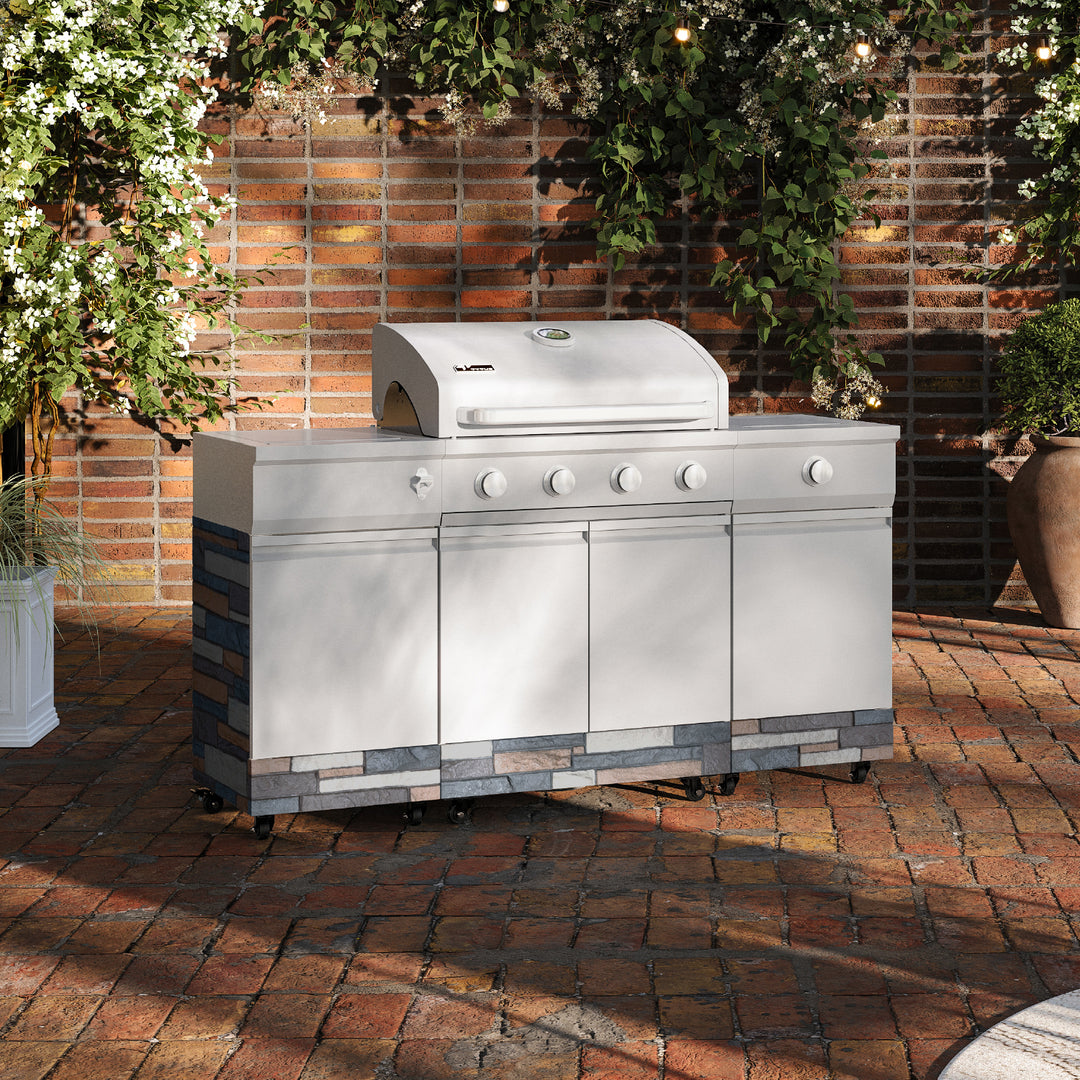 TYTUS Fresno 4-Burner Gas Grill Island with Side Burner and Ice Bucket in Stainless Steel and Ash Stone
