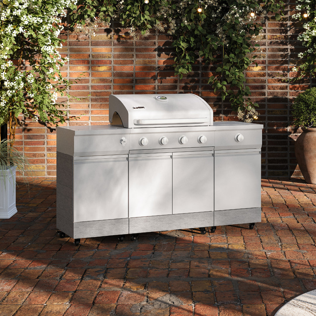 TYTUS Fresno 4-Burner Gas Grill Island with Side Burner and Ice Bucket in Stainless Steel and Carbon Wood