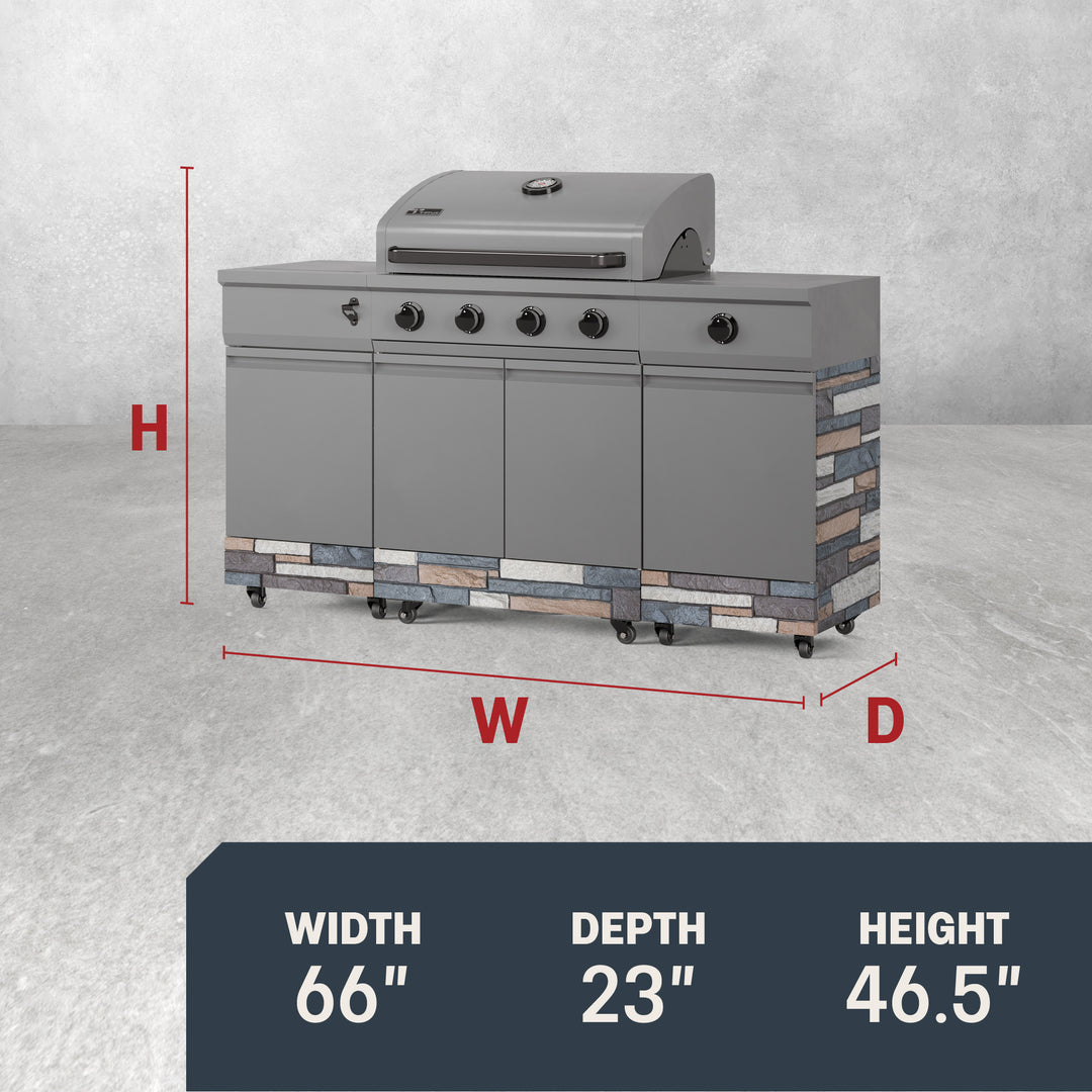 TYTUS Fresno 4-Burner Gas Grill Island with Side Burner and Ice Bucket in Gunmetal and Ash Stone