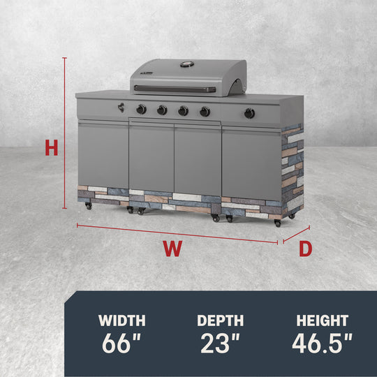 TYTUS Fresno 4-Burner Gas Grill Island with Side Burner and Ice Bucket in Gunmetal and Ash Stone