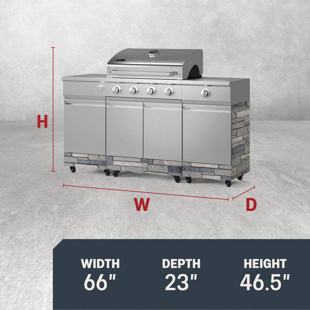 TYTUS Fresno 4-Burner Gas Grill Island with Side Burner and Ice Bucket in Stainless Steel and Shadow Stone