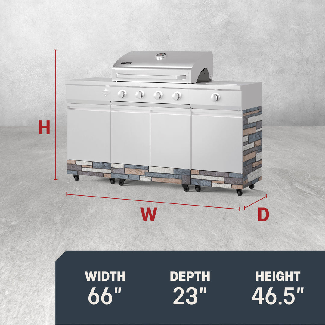 TYTUS Fresno 4-Burner Gas Grill Island with Side Burner and Ice Bucket in Stainless Steel and Ash Stone