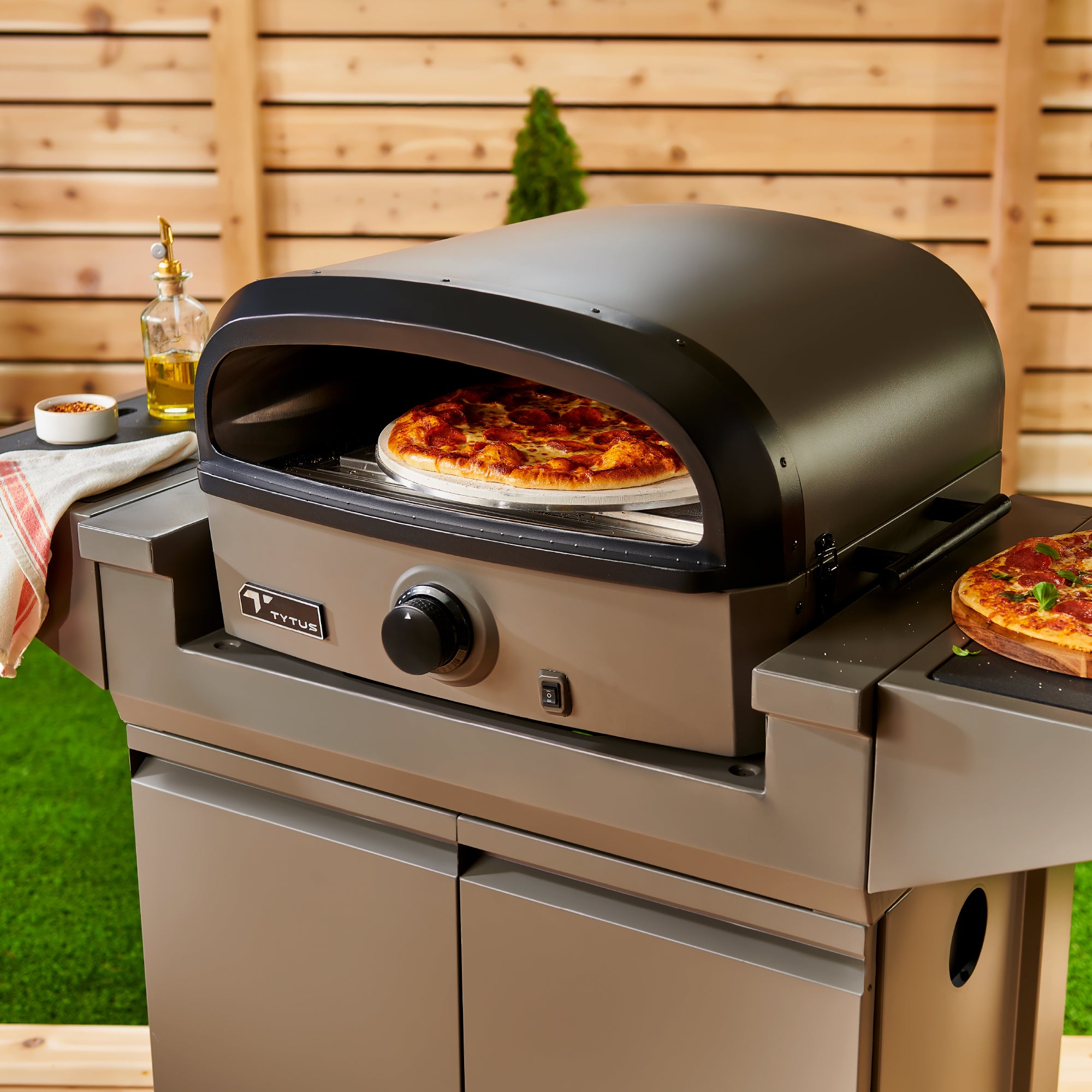 TYTUS Emberwood Gas Tabletop Pizza Oven with Grill and Prep Cart